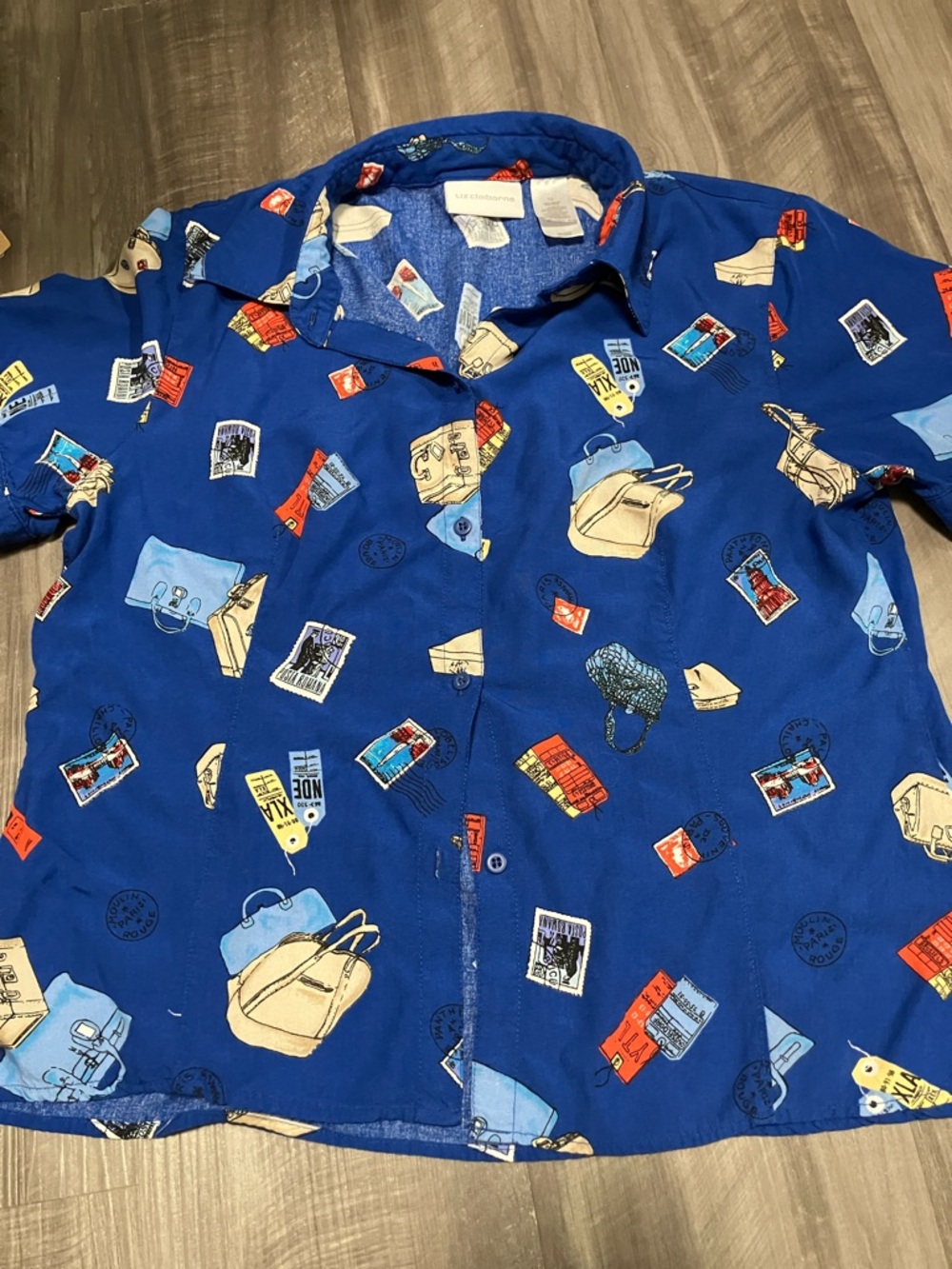 Liz Claiborne Hawaiian Shirt Travel Design 10 medium blue